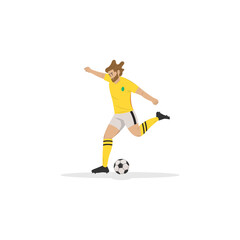 Fototapeta na wymiar Jugador de fútbol de la Copa Mundial, vestimenta amarilla, pateando el balón. Hombre con ropa deportiva