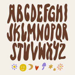 Hippie bohemian groovy postmodern funky font alphabet 1960s boho psychedelic style. Perfect for posters, collages, clothing, music albums and more. Vector clipart illustrations, isolated letters.