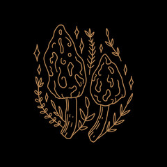 Morel witchcraft celestial mushroom, magical potion ingredients. Cartoon doodle style, woodland forest symbol. Vector and jpg printable image, unique boho clipart illustration, editable isolated