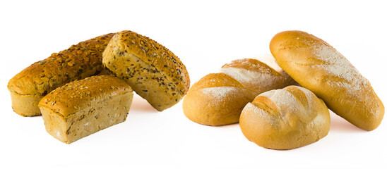 The difference between loaves of bread. Three whole grain loaves with pumpkin seed, oats, and sunflower topping. Three plain white loaves. Isolated on white background. High quality photo