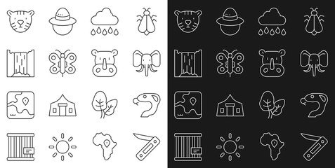 Set line Swiss army knife, Snake, Elephant, Cloud with rain, Butterfly, Waterfall, Tiger head and Rhinoceros icon. Vector