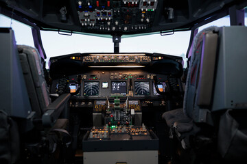 Nobody in airplane cabin with dashboard command and control panel, used to fly aircraft jet with...