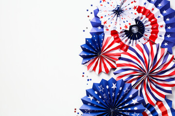 Vintage paper fans in colors of USA flag on white table with confetti stars. Happy Independence Day, Labor Day, Presidents Day concept.