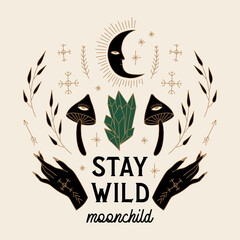 Witchcraft symbols celestial hands and mushrooms bundle set, magical alchemy potion ingredients. Vector and jpg printable image, unique boho clipart illustration, editable isolated details. Perfect © Knstart Studio