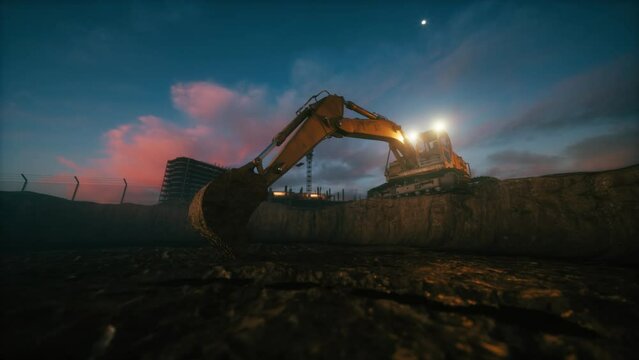 Excavator with big shovel in the excavation of the construction site. 3d visualization