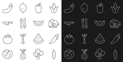 Set line Cucumber, Hot chili pepper, Cutting board with vegetables, Bell, Asparagus, Knife, Eggplant and Watermelon icon. Vector