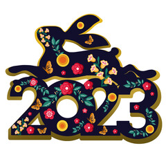 2023 year of the rabbit, new year number in  folk style and golden color inscription for cards and calendars