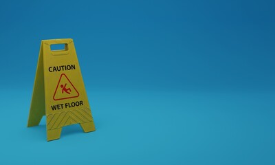 3d illustration, image of a caution wet floor sign, blue background, 3d rendering