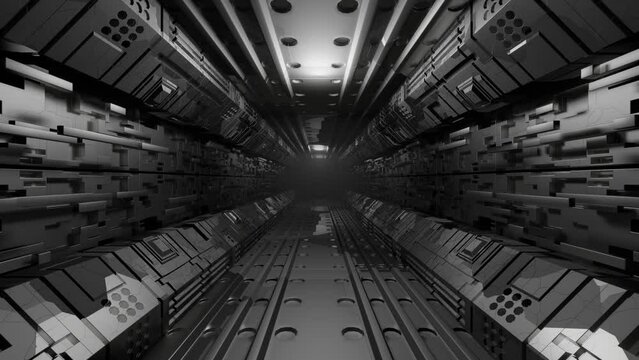 spaceship corridor. Camera movement along a metal corridor. Seamless animation.