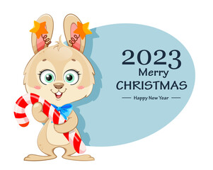 Merry Christmas and Happy New Year. Cartoon rabbit