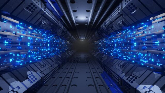 Spaceship corridor, glowing walls. Camera movement along a metal corridor. Seamless animation.