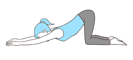 伸びをする子犬のポーズ、ヨガをする女性、背筋や肩関節、胸部のストレッチ、シンプルな色