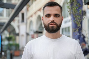 Fototapeta premium Portrait of handsome bearded man on city street