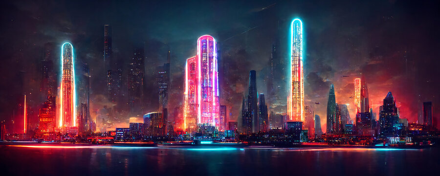 a glimpse from the sea, the fascinating city of the future, the fa&ccedil;ade view of the skyline that is eye-catching in the evening , galacticos city design, cybercity of the future shining with neon light