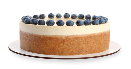 Delicious cheesecake with blueberries isolated on white