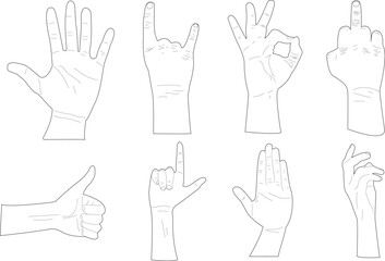 Eight silhouettes of different positions of vector hands