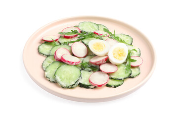 Tasty fresh salad with cucumber isolated on white