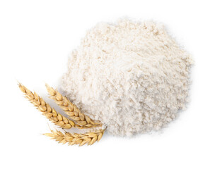 Pile of wheat flour and spikes on white background, top view
