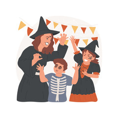 Obraz premium Family outfit isolated cartoon vector illustration. Happy family wearing special skeletons and witches costumes for Halloween celebration, vampires and monsters holiday outfit vector cartoon.