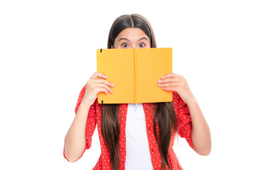 Schoolgirl with copy book posing on isolated background. Literature lesson, grammar school....