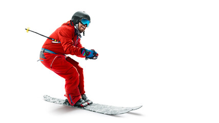 Skiing sport. Side view. Sportsman in a red ski suit. Sport emotion. Isolated. In action - obrazy, fototapety, plakaty