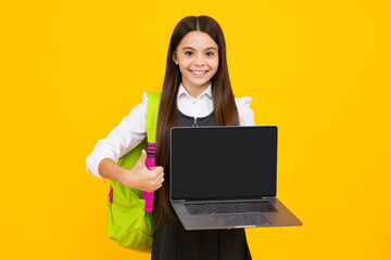 Back to school, Teenager school girl with laptop computer. Happy girl face, positive and smiling emotions. Screen of laptop computer with copy space mockup.