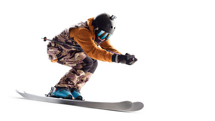 Skiing. High speed skier. Winter sports. Sportsman in action. Isolated