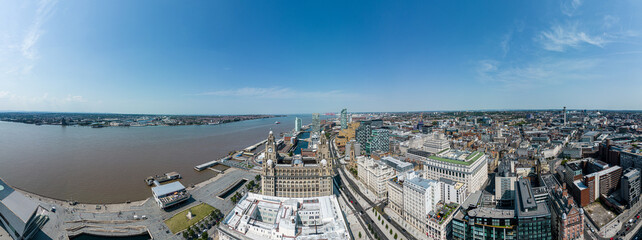 Aerial view over Liverpool and Mersey River - wide angle panorama - travel photography