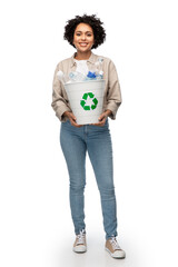 recycling, waste sorting and sustainability concept - smiling woman holding recycle bin with...