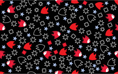 Seamless vector composition with red fish on black background. Design for wallpaper, wrapping paper, background, fabric, shirts, t-shirts, tablecloth, bath towel, swimwear, shorts.
