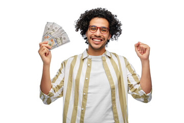 finance, currency and people concept - happy man holding hundreds of dollar money banknotes...