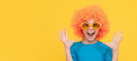 happy teen girl in fancy clown wig wear funny party glasses, surprise. Funny teenager child in wig,...