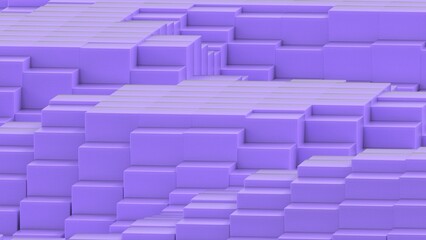 Obraz premium Abstract background with waves made of a lot of purple cubes geometry primitive forms that goes up and down under black-white lighting. 3D illustration. 3D CG. High resolution.