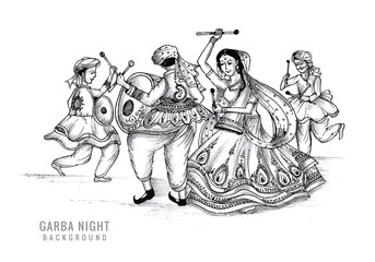 Fototapeta na wymiar Beautiful couple playing dandiya in disco garba night sketch background