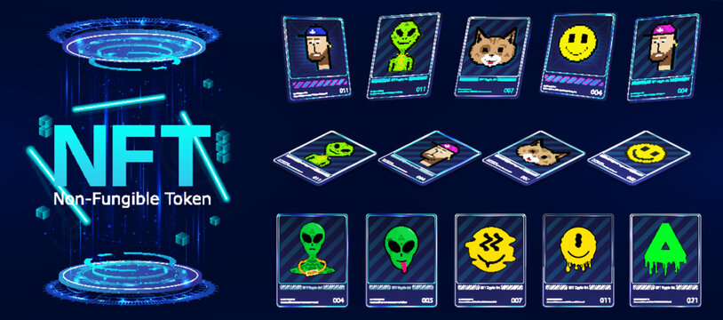 3D token NFT cards in crypto artwork. NFT maps with art in perspective, top view in isometric and frontal view. Non-fungible token with information from the blockchain. ERC20. 3D pixel arts. Vector