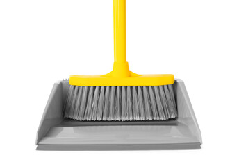Plastic broom and dustpan on white background