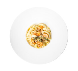 Delicious pasta with shrimps isolated on white, top view