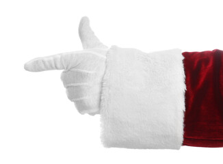 Santa Claus pointing at something on white background, closeup of hand