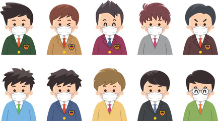 マスクを付けた男子中高生のアイコンセット　バリエーション　色々