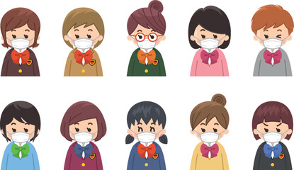 マスクを付けた女子中高生のアイコンセット　バリエーション　色々