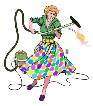 Angry retro fifties housewife blonde woman using vintage corded vacuum cleaner swings hose around in cleaning rage
