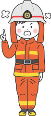 注意する、消防隊員の男性のイラスト
