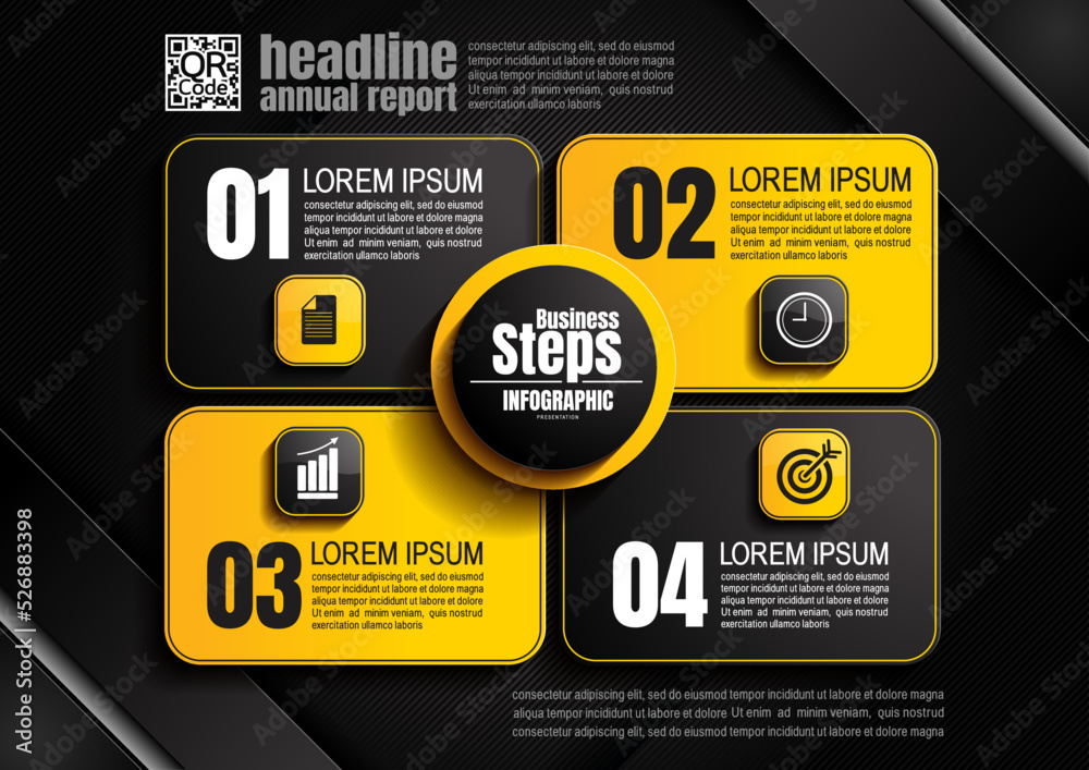 Wall mural infographics design, 4 process chart diagram, square template for presentation workflow, abstract ti