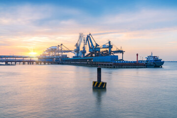 Yangtze River port wharf and and sunset scenery in Jiangyin City, China
