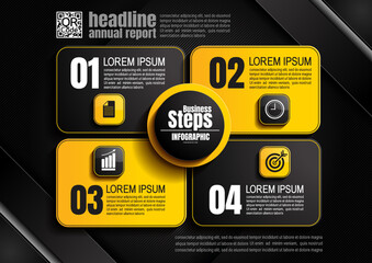 infographics design, 4 process chart diagram, square template for presentation workflow, abstract timeline elements, flow chart business black color layout concept