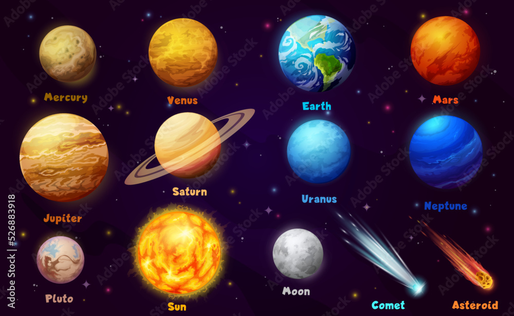 Poster sun system cartoon planets and stars, space and solar galaxy, vector universe background. solar syst