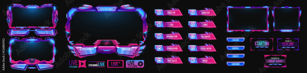 Poster Overlay game stream interface, neon screen panel frames, vector live twitch UI buttons. Streamer gamer interface template , video stream tags and broadcast digital menu for FAQ, chat or music player