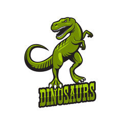 Tyrannosaur dinosaur mascot. Tyrannosaur reptile university or college sport team symbol, tyrannosaurus monster vector mascot character. Aggressive green raptor, jurassic reptile animal emblem
