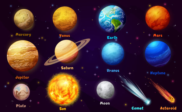 Sun system cartoon planets and stars, space and solar galaxy, vector universe background. Solar system planets Earth, Jupiter, Moon and Saturn with Mars, Pluto and Mercury orbit on planetary map