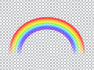 Realistic rainbow arch on transparent background. Isolated vector multicolored circular spectrum arc. Meteorological phenom occurring in sky after rain. Fantasy symbol of good luck, light effect